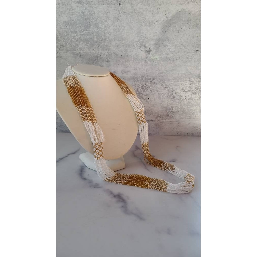 Vintage Woven Beaded Gold and White Necklace